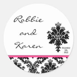 6 - 3" Favor Sticker Schwarz Hot Pink Damast Spitz