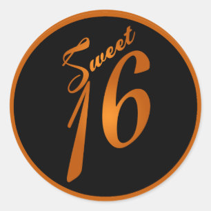 6 - 3" Gefallen Stickers Sweet 16 Orange Black
