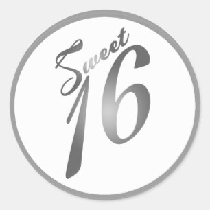 6 - 3" Gefallen Stickers Sweet 16 White Silver Par