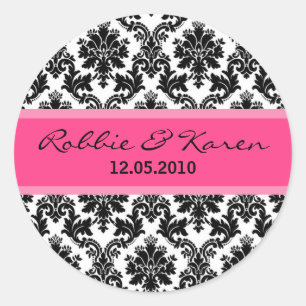 6 - 3" schwarze Damast & hellrosa Favor-Sticker Runder Aufkleber
