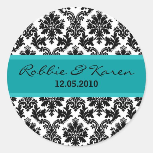 6 - 3" Schwarzer Damast Aquamarin Türkis Gefälligk Runder Aufkleber (Vorderseite)