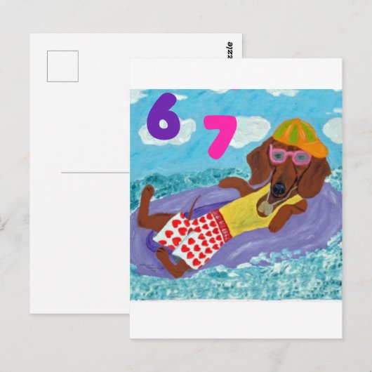 6 7 Dachshund beach bum on float Postkarte (Vorne/Hinten)