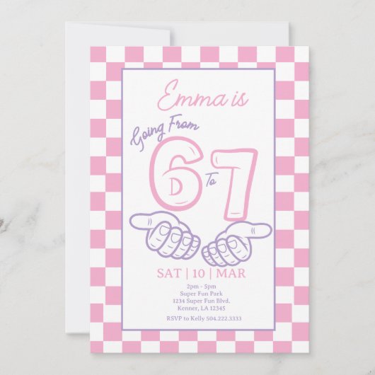 6 7 Meme Pink Checkerboard Mädchen Geburtstag Einladung (Vorderseite)