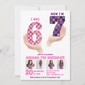 6 7 Meme Retro Pink Purple Checker Kids Birthday Einladung (Vorderseite)