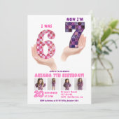 6 7 Meme Retro Pink Purple Checker Kids Birthday Einladung (Stehend Vorderseite)