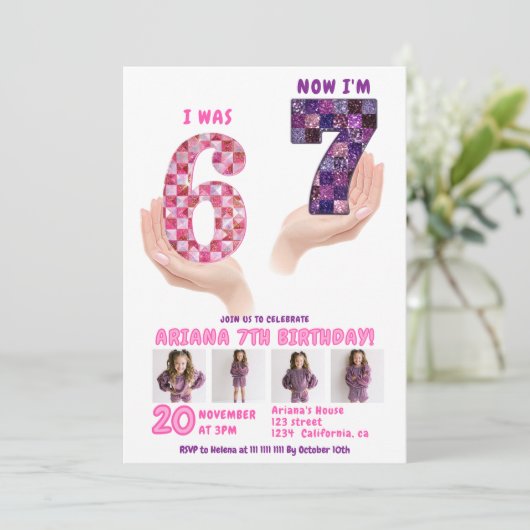 6 7 Meme Retro Pink Purple Checker Kids Birthday Einladung (Stehend Vorderseite)