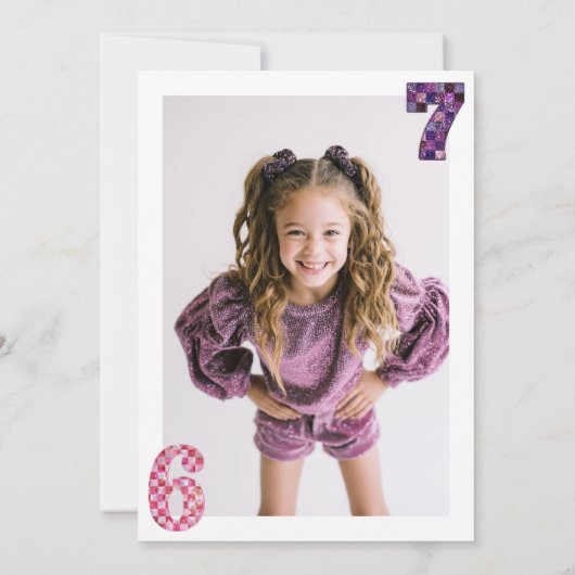 6 7 Meme Retro Pink Purple Checker Kids Birthday Einladung (Rückseite)