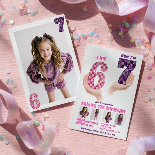 6 7 Meme Retro Pink Purple Checker Kids Birthday Einladung
