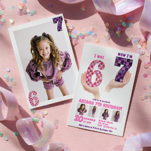 6 7 Meme Retro Rosa Lila Karo Kindergeburtstag Einladung