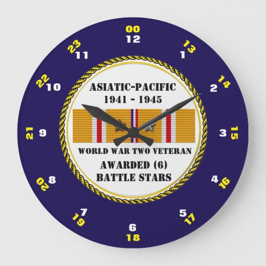 6 BATTLE STARS Weltkrieg Asiatischer Pazifischer V Große Wanduhr (Vorderseite)