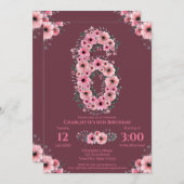 6. Big Birthday Girl Pink Blume Green Folies Einladung (Vorne/Hinten)