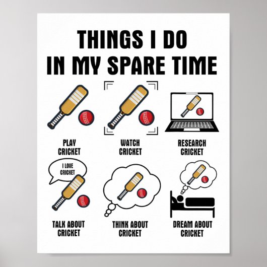 6 Dinge, die ich in meiner Freizeit tue - Cricket Poster (Vorne)