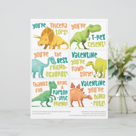 6 Dinosaurier Kinder Valentinstag Cards Briefbogen (Stehend Vorderseite)