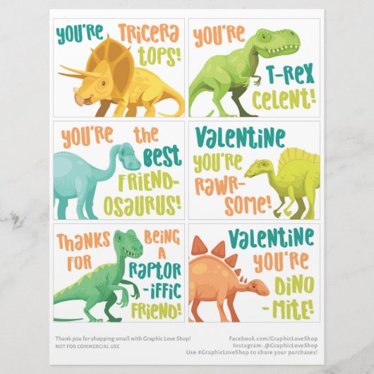 6 Dinosaurier Kinder Valentinstag Cards Briefbogen (Vorderseite)