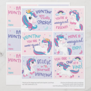 6 Einhorn-Kinder-Klassen-Valentinstagskarten Briefbogen