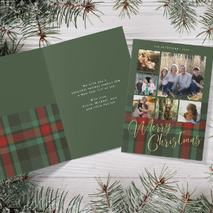 6 Foto Collage Frohe Weihnachtsgoldschrift kariert Feiertagskarte