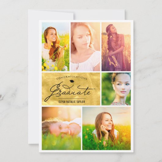 6 Foto Collage Gold Foil Trendy Graduation Party Einladung (Vorderseite)