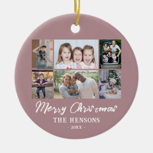 6 Foto Collage Pink Frohe Weihnachtsfamilie Keramik Ornament (Vorne)
