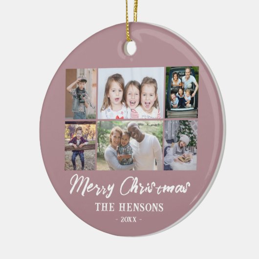 6 Foto Collage Pink Frohe Weihnachtsfamilie Keramik Ornament (Links)