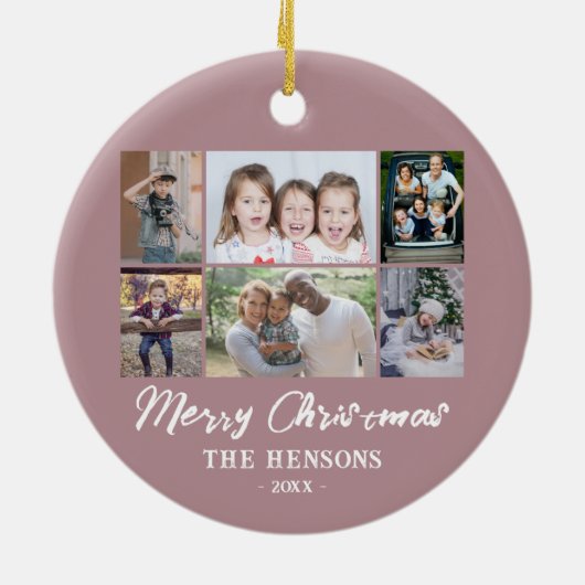 6 Foto Collage Pink Frohe Weihnachtsfamilie Keramik Ornament (Hinten)
