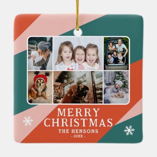 6 Foto Collage Pink Green Orange Weihnachtsfamilie Keramikornament (Rückseite)