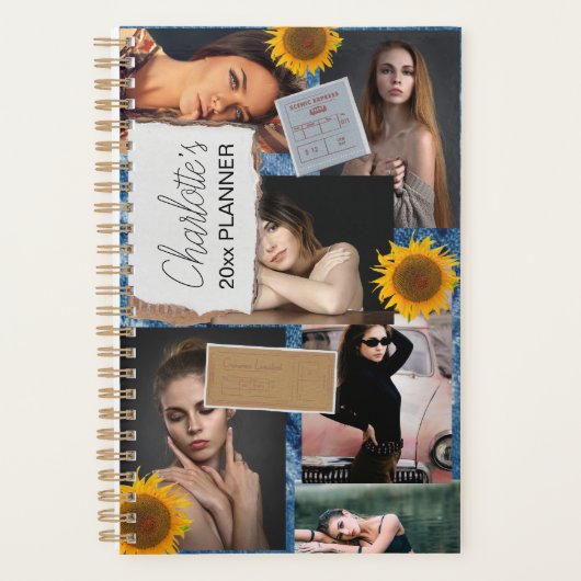 6-Foto-Collage Sonnenblume Denim Tickets Planer (Vorderseite)