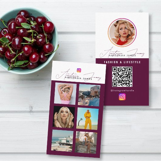 6 Foto Fütterte Grid Social Media QR Code Burgundy Visitenkarte