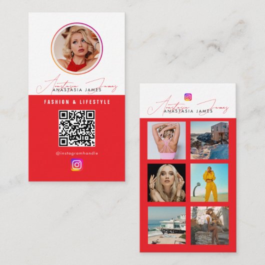 6 Foto Fütterte Grid Social Media QR Code Red Visitenkarte (Vorne/Hinten)