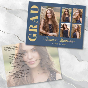 6 Foto Grad Collage Modernes Script Blau und Gold Postkarte