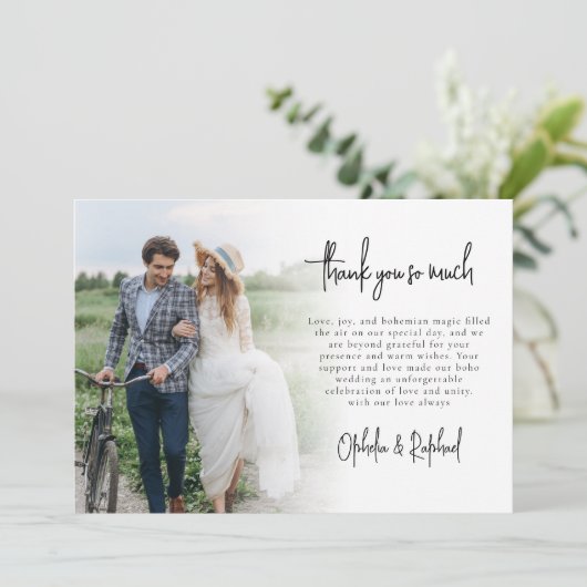 6 Foto Newlyweds Script Boho Wedding Danke Karte (Stehend Vorderseite)