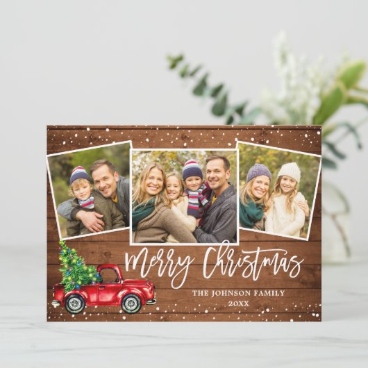 6 FOTO Retro Weihnachten Roter LKW Rustikaler Gruß (Stehend Vorderseite)