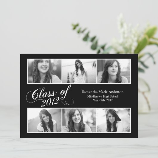 6 Foto Script Abschluss Einladung - Schwarz (Stehend Vorderseite)