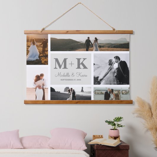 6 Foto Wedding Collage Newlyweds Keepake Wandteppich Mit Holzrahmen (Schlafzimmer)