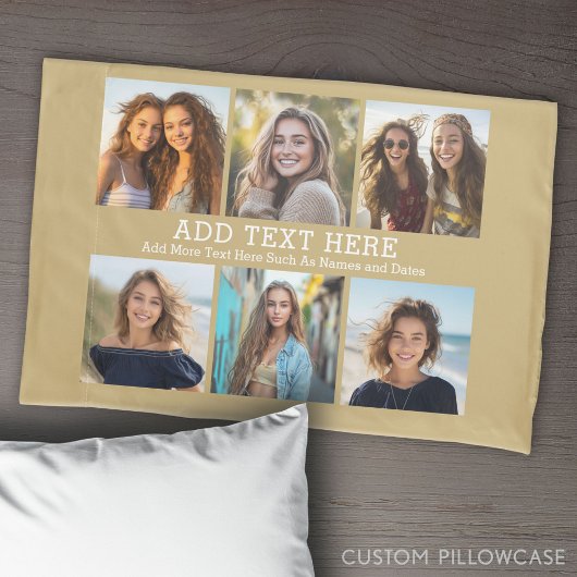 6 FotoCollage 2 Textzeilen — Pastellgold Kissenbezug