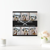 6 FotoCollage 2 Zeilen Text — CAN Schwarz bearbeit Quadratische Wanduhr (Zuhause)