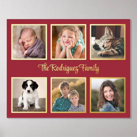 6 FotoCollage Custom Text Burgundy Red Gold Foliendrucke (Vorderseite)