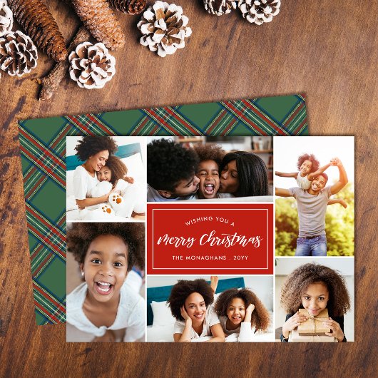 6 FotoCollage | Grüne Karierte Rückseite Feiertagskarte