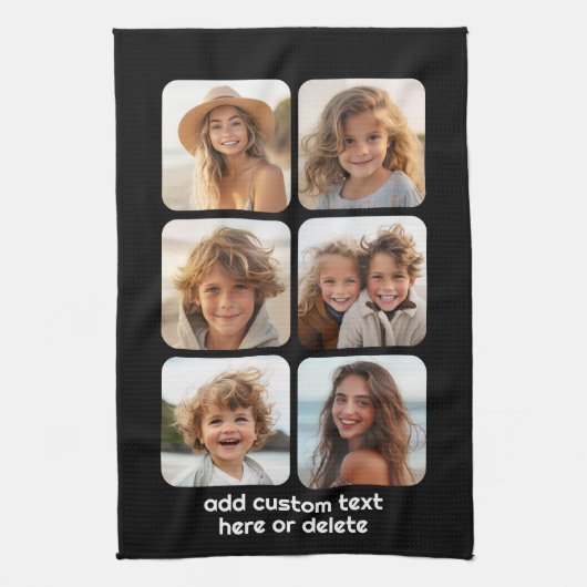 6 FotoCollage mit weißem Text in schwarz Geschirrtuch (Vertikal)