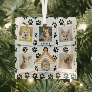 6 Fotocollage Name Dog House Paw Prints hinzufügen Ornament Aus Glas