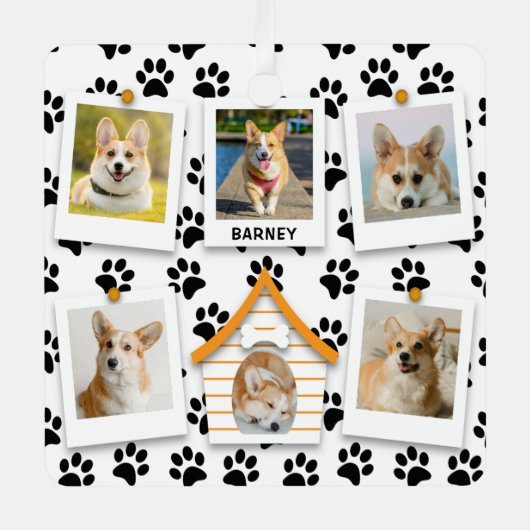 6 Fotocollage Name Dog House Paw Prints hinzufügen Ornament Aus Metall (Vorderseite)