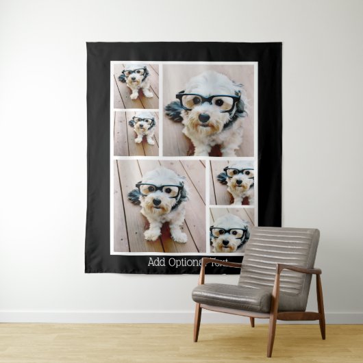 6 FotoCollage Optionaler Text — schwarzer Hintergr Wandteppich (Beispiel)