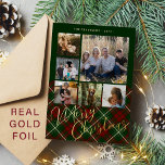 6 Fotos Frohe Weihnachtsfamilie Rotes Grün Gold<br><div class="desc">Elegante karierte Tartan-Goldfolie Frohe Weihnachtsschrift sechs Fotos klassische Rot-Grün-Urlaubskarte mit Ihrem personalisierten Text auf beiden Seiten.</div>