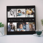 6 Fotos für die Textfamilie elegant Künstlicher Leinwanddruck<br><div class="desc">"Wir sind Familienname und das ist unsere Geschichte seit dem Jahr" Handschrift speziell weiß gebürstete Kalligraphie-Skript (veränderbarer Text) und Ihre sechs Familienbilder auf einem soliden schwarzen (veränderbaren) Hintergrund, sodass ein schönes 6-Foto Collage Imitat Leinwand gedruckt, um Ihr Jubiläum mit einem Sake-Geschenk zu markieren! Einfach mit Ihren benutzerdefinierten Bildern und Texten...</div>