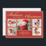6 Fotos glauben an Weihnachts-Zauberfamilienrot Feiertagskarte<br><div class="desc">Diese moderne Weihnachtsgrüßkarte enthält 5 Ihrer liebsten Weihnachtsfamilienportraits,  ergänzt durch eine elegante Formulierung,  die "Glaube an die Magie der Weihnachtszeit" über einen festlichen roten Hintergrund liest. Es ist mit Ihrer Nachricht oder Ihrem Namen anpassbar. Sie können ein weiteres Bild auf der Rückseite der Karte hochladen.</div>