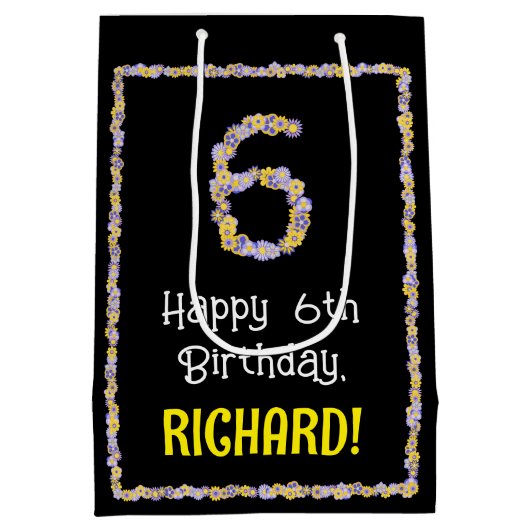 6. Geburtstag: Blumennummer, Individuelle Name, Bl Mittlere Geschenktüte (Rückseite)