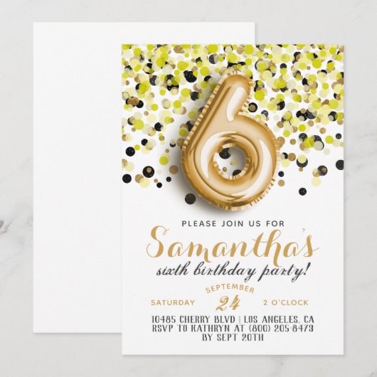6. Geburtstag Confetti Einladung (Vorne/Hinten)