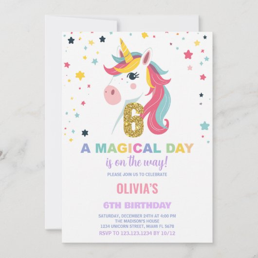 6. Geburtstag Einhorn Geburtstag Einladungen (Vorderseite)