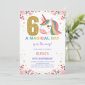 6. Geburtstag Einhorn Geburtstag Einladungen (Stehend Vorderseite)