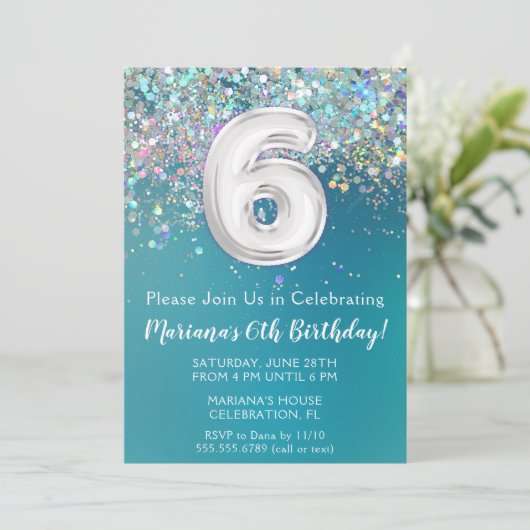 6. Geburtstag Einladung Aquamarin Silber Glitzer (Stehend Vorderseite)
