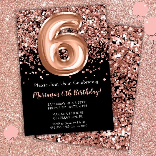 6. Geburtstag Einladung Black Rose Gold Glitzer